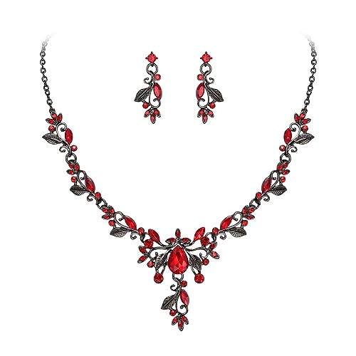 EVER FAITH Schmuck-Sets für Braut Österreichische Kristall Cluster Floral Vine Blatt Marquise Tropfen Halskette Ohrringe Set für Damen Rot Schwarz-Ton von EVER FAITH