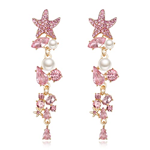 EVER FAITH Seestern Ohrringe für Damen, Rosa Strass Kristall simulierte Perle Sommer Strand Ozean Stern Starfish Tropfen Ohrringe baumeln von EVER FAITH