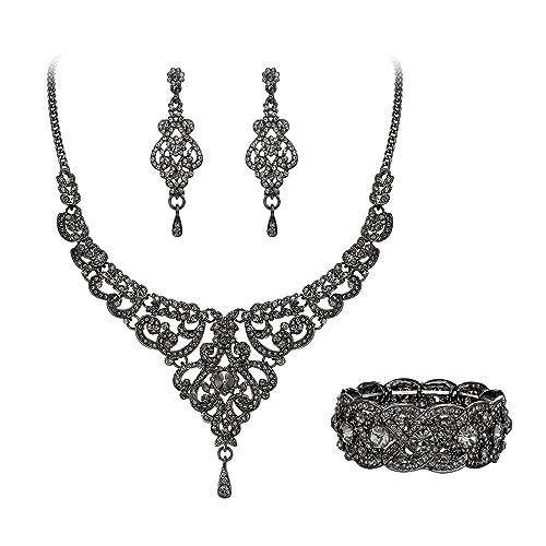 EVER FAITH Statment Schmuck-Set Kristall Retro 1920er Vase Art Deco Braut Prom Halskette, Ohrringe und Stretch Armband Set für Damen Hochzeit Party Grau Schwarz-Ton von EVER FAITH