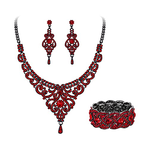 EVER FAITH Statment Schmuck-Set Kristall Retro 1920er Vase Art Deco Braut Prom Halskette, Ohrringe und Stretch Armband Set für Damen Hochzeit Party Rubin-Rot Schwarz-Tone von EVER FAITH