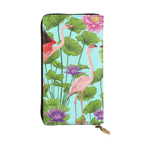 EVIUS Flamingo Love Blumen Herren Leder Geldbörsen Lange Stil Clutch Tasche Outdoor Geldklammer Reise Brieftasche Halter Reißverschluss um Bargeld und Kreditkarten, Flamingo Love Flowers, von EVIUS