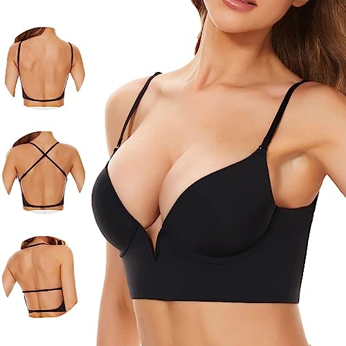 EVURU Low Back Bras for Women, Seamless Low Cut Underwire Lightly Lined Halter Bralette, Convertible Multiway Invisible Deep Plunge Backless Bras (Black,L/75C/80AB) von EVURU