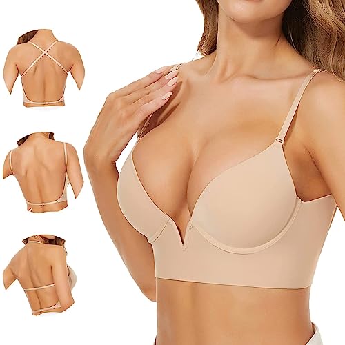 EVURU Low Back Bras for Women, Seamless Low Cut Underwire Lightly Lined Halter Bralette, Convertible Multiway Invisible Deep Plunge Backless Bras (Skin,XL/80C/85ABC) von EVURU