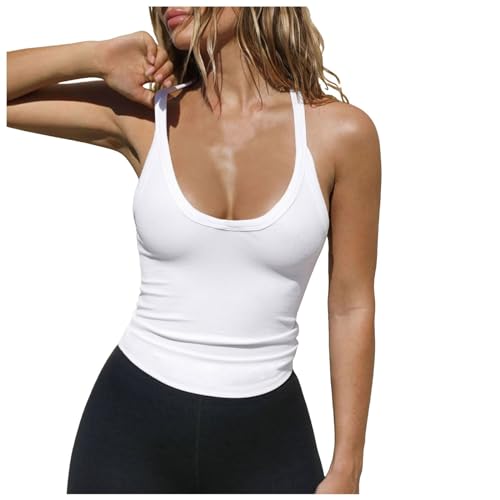 Basic Crop Tank Tops Ärmelloses Racerback Crop Sport Baumwoll Top für Damen Spaghetti Top Sommer Sexy Tank Top Cami Oberteile Ärmellos Slim Fit Basic Shirt Ribbed Träger Tops von EWFAS