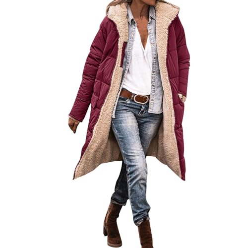 EWFAS Damen Warm Wintermäntel Reversibel Sherpa Fleece Lang Pufferjacken mit Kapuze Frauen Oberbekleidung Outdoorjacke Steppjacke Steppmantel von EWFAS