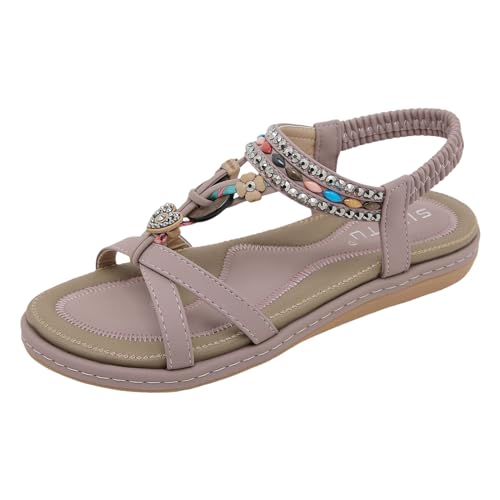 EWFAS Flache Sandalen Damen Sommer Bohemia Freizeit Sandals mit Strass Frauen T-Riemen Rutschfeste Strandsandaletten Sommer PU Leder Bohemia Flach Sandalen von EWFAS