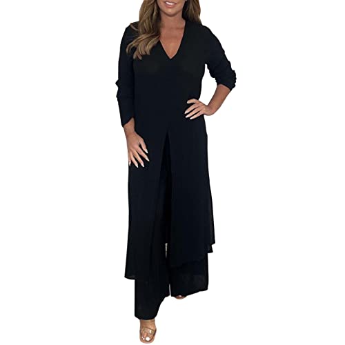 EWFAS Hosenanzug Damen Hochzeit Festlich Elegant 2 Teilig Loungewear Einfarbig Sommer Outfits Streetwear Freizeitanzug Anzug 2 Teiler Hausanzug Zweiteiler Tracksuit Set (5XL, 01Black) von EWFAS