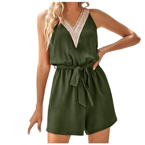 EWFAS Jumpsuit Damen Kurz Sommer Boho Ärmellos V Ausschnitt Overall Romper Streifen Hosensets mit Gürtel Kurzer Overall V-Ausschnitt Lose Einteiler Latzhose Boho Romper für Urlaub Reisen von EWFAS