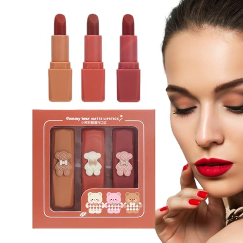 Mattes Lippenstift-Make-up-Set - Niedlicher Bären-Design-Make-up-Lippenstift - 3-teiliges Lippen-Make-up-Set, wasserfestes Lippen-Make-up-Geschenk für Mädchen Ewfas von EWFAS