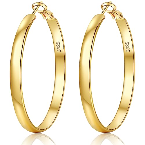 EXGOX Creolen Silber 925 für Damen 5mm Breite Creolen Silber 925 Groß Hypoallergene 14K Vergoldete Ohrringe Gold Creolen für Damen 30/40/50/60/70mm von EXGOX