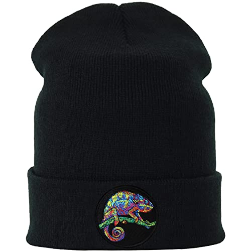 Chamäleon Strickmütze Psychedelic Chameleon Premium Beanie Mütze mit Stickerei Unisex Mütze | Festival Wollmütze dehnbar | Kinder Design Beanie Accessoire | schwarz von EXPRESS-STICKEREI