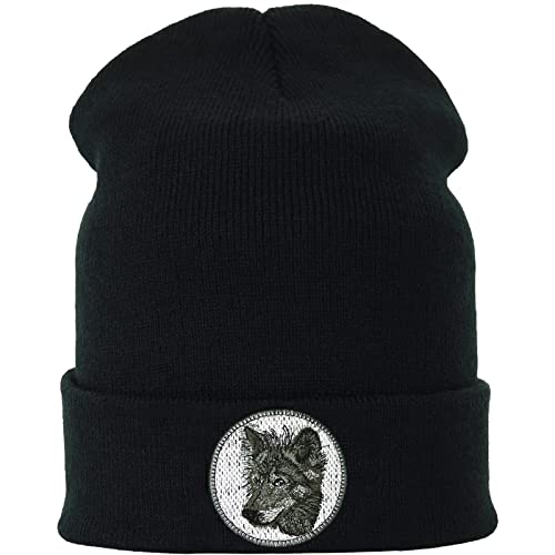 Wolf Strickmütze Premium Wolfskopf Wintermütze Wolfhund Stickerei Dehnbare Beanie Männer Kinder Unisex Wollmütze mit Krempe Lone Wolf Biker Beanie Cap von EXPRESS-STICKEREI