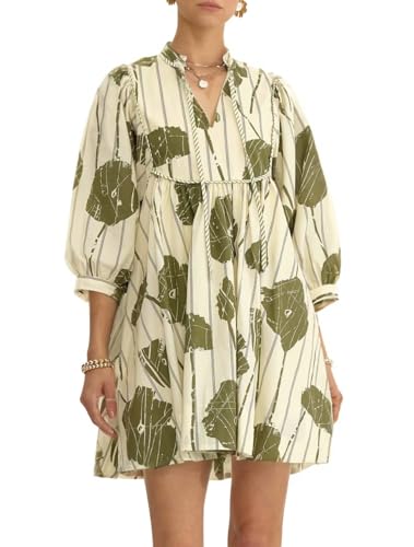 EZAPINE Damen-Babydoll-Minikleid mit Blumenmuster, V-Ausschnitt, 3/4-Puffärmel, A-Linie, fließendes Swing-Sommerkleid, Grün , Klein EZAPINE Damen-Babydoll-Minikleid mit Blumenmuster, V-Ausschnitt, 3/4-Puffärmel, A-Linie, fließendes Swing-Sommerkleid, Grün , Klein von EZAPINE