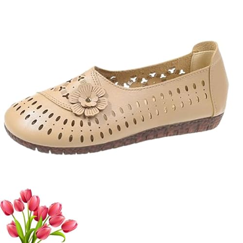 EZCOMF rutschfeste Damen-Lederschuhe mit weicher Sohle, orthopädische Damen-Slipper aus echtem Leder mit weicher Sohle, Sommer-Damenschuhe (4,Khaki) von EZCOMF