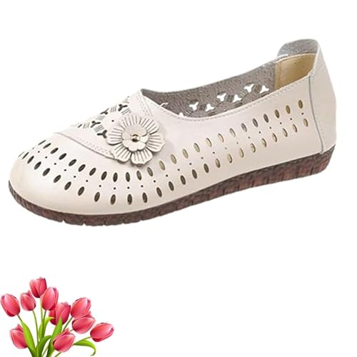 EZCOMF rutschfeste Damen-Lederschuhe mit weicher Sohle, orthopädische Damen-Slipper aus echtem Leder mit weicher Sohle, Sommer-Damenschuhe (5,beige) von EZCOMF