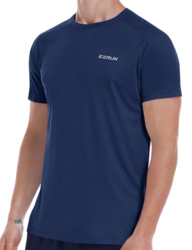 Herren Dry Fit Feuchtigkeitstransport Athletic T-Shirt Kurzarm Workout Running Shirts für Herren, Marineblau, XL von EZRUN