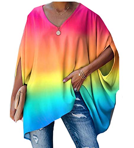 Damen Druck Kurz Fledermaus Ärmel T-Shirt Baggy Irregular V-Ausschnitt Lange Tunika Bluse Top Plus Size Damen Druck Kurz Fledermaus Ärmel T-Shirt Baggy Irregular V-Ausschnitt Lange Tunika Bluse Top Plus Size von each women