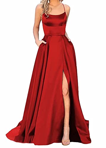 Ballkleider Damen Lang, Frauen Elegant Neckholder Backless Lang Kleider, A-Linie Criss-Cross Satin Spaghetti Party Prom Dress Seitenschlitz Hochzeit Abendparty Kleid mit Taschen von Earnmore