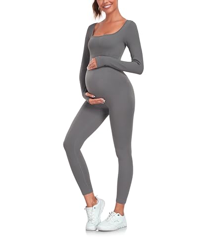 EastElegant Mutterschaft Nahtlose Yoga Jumpsuits Damen Einteiler Workout Bodys Gerippter Quadratischer Ausschnitt Langarm Strampler, GRAU, S von EastElegant