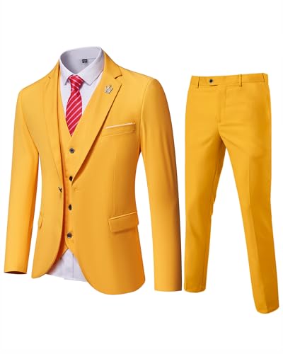 EastSide Herren Slim Fit 3-teiliger Anzug, Ein-Knopf-Blazer-Set, Jacke, Weste & Hose, gelb, L von EastSide