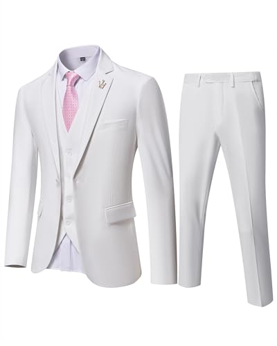 EastSide Herren Slim Fit 3-teiliger Anzug, Ein-Knopf-Blazer-Set, Jacke Weste & Hose, Weiß, S von EastSide