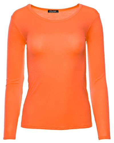 Easy Young Fashion - Damen Basic Rundhals Shirt - Langarm Unterziehshirt - Skinny Fit 1093 - Orange S von Easy Young Fashion