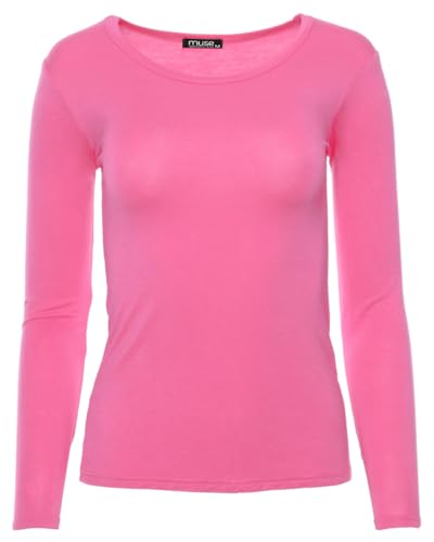 Easy Young Fashion - Damen Basic Rundhals Shirt - Langarm Unterziehshirt - Skinny Fit 1093 - Pink M von Easy Young Fashion