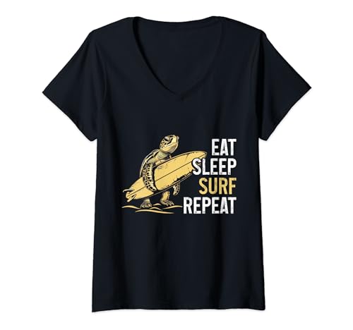 Damen Surfer Meeresschildkröte Eat Sleep Surf Repeat Lustiges Surfen T-Shirt mit V-Ausschnitt von Eat Sleep Surf Repeat - Surfer Turtle