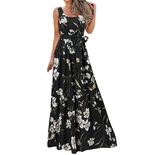 Eauptffy Vintage Damen Strandkleider Boho Sommer Kleider Sommerkleider Für Frauen Mit Blumendruck, Ärmelloses Langes Kleid, Lässig, Elegant, Locker Für Party-Maxikleid Maxi Kleider Für Damen Langarm von Eauptffy