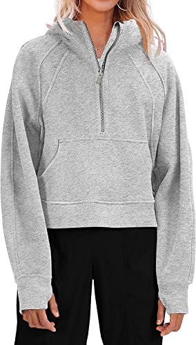 Ebifin Hoodie Damen Kapuzenpullover Half Zip Sweatshirt Langarm Pullover Winter Sweatjacke Kapuzenpullis.Hellgrau.S von Ebifin