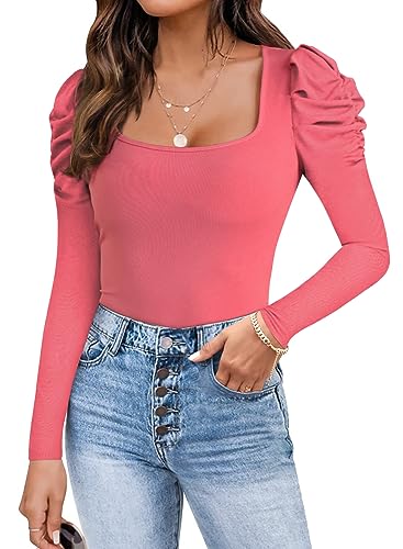 Ebifin Langarm Bodys für Damen Sexy Bodysuit Elegant Bodies Tops Square Neck Oberteil.Pfirsich.L von Ebifin