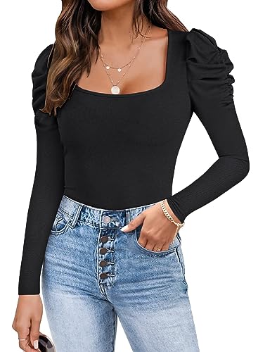 Ebifin Langarm Bodys für Damen Sexy Bodysuit Elegant Bodies Tops Square Neck Oberteil.Schwarz.L von Ebifin