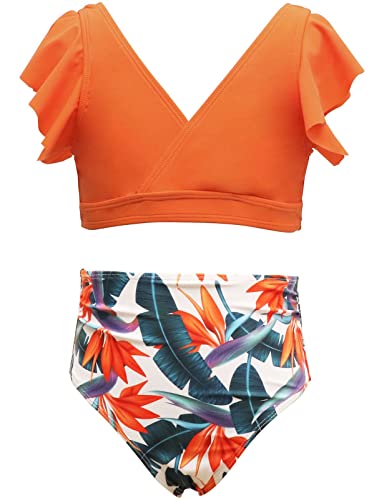 Echinodon Mädchen Bikini Set Zweiteiler Bademode mit Rüschen Kinder Badeset Schwimmanzug C-Orange 116 von Echinodon