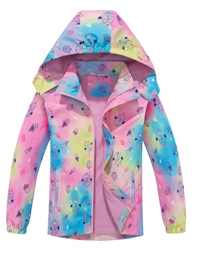 Echinodon Mädchen Gefütterte Jacke Kinder Winddicht Übergangsjacke mit abtrennbare Kapuze Regenjacke Wanderjacke Bunt Eule 120 von Echinodon