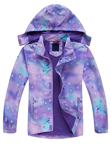 Echinodon Mädchen Gefütterte Jacke Kinder Winddicht Übergangsjacke mit abtrennbare Kapuze Regenjacke Wanderjacke Violett Blumen 130 von Echinodon