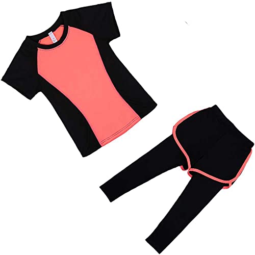 Echinodon Mädchen Sport Set 2tlg Schnelltrockend Kurzarmshirt + Hose mit Shorts Trainingsanzug Jogginganzug Freizeit Yoga Typ2-Orange 140 von Echinodon