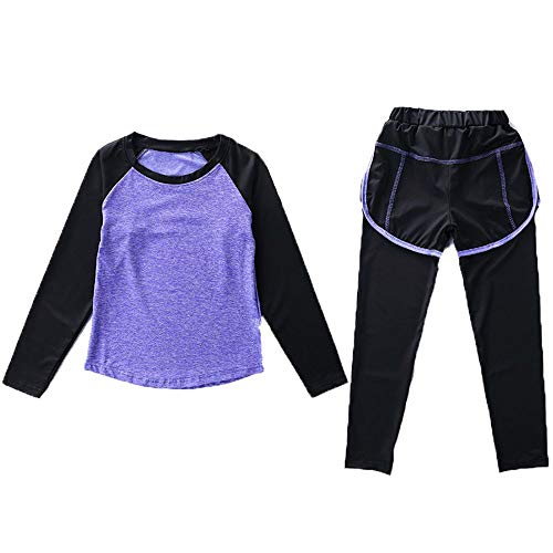 Echinodon Mädchen Sport-Set 2tlg Schnelltrockend Langarmhirt + Hose mit Shorts Anzug für Jogging Training Yoga Violett 170 von Echinodon