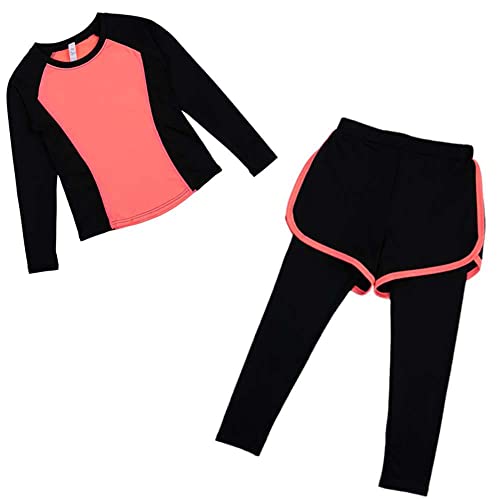 Echinodon Mädchen Sport Set 2tlg Schnelltrockend Langarmshirt + Hose mit Shorts Trainingsanzug Jogginganzug Freizeit Yoga Orange 140 von Echinodon