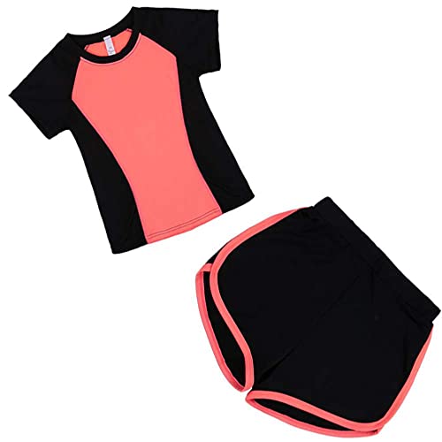 Echinodon Mädchen Sport Set 2tlg Schnelltrockend Langarmshirt + Hose mit Shorts Trainingsanzug Jogginganzug Freizeit Yoga Typ3-Orange 140 von Echinodon