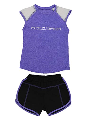 Echinodon Mädchen Sport-Set 2tlg T-Shirt + Shorts Schnelltrockend Trainingsanzug für Jogging Yoga Sommer Violett 130 von Echinodon