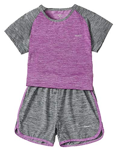 Echinodon Mädchen Sport Set Schnelltrockend T-Shirt + Kurze Hose Kinder 2tlg Trainingsanzug für Jogging Yoga Training Sommer Violett 130 von Echinodon