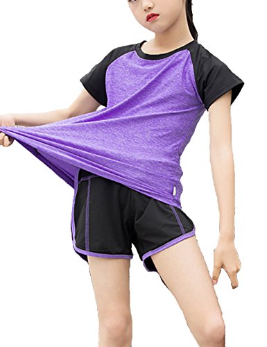 Echinodon Mädchen Sport Set Shirt + Shorts Schnelltrockend Anzug für Yoga Jogging Training Violett 140 von Echinodon