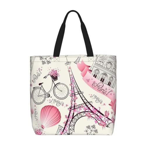 EdWal Braune Tragetasche mit Rindsleder-Aufdruck, für Damen, Schultertaschen, große Einkaufstasche, für Arbeit, Reisen, Einkaufen, Romantisches Paris Eiffelturm Fahrrad, Einheitsgröße von EdWal