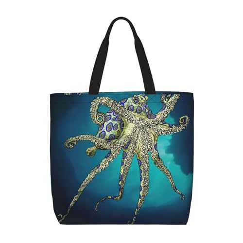 EdWal Puerto Rico-Flagge, Frosch-Palmen-Druck, Tragetasche für Damen, Schultertaschen, große Einkaufstasche, Umhängetasche, für Arbeit, Reisen, Einkaufen, Blauer Ringelkraken, Einheitsgröße von EdWal