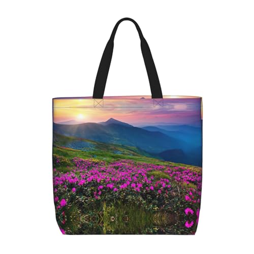 EdWal Schöne lila Schmetterlings-Einkaufstasche für Damen, Schultertasche, große Einkaufstasche, Umhängetasche für Arbeit, Reisen, Einkaufen, Natur, violette Blumen, Wiese, Berge, Landschaft, von EdWal