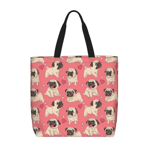 EdWal Tragetasche mit Hunde-Blumendruck, für Damen, Schultertasche, große Einkaufstasche, für Arbeit, Reisen, Einkaufen, Lustiger Mops-Welpe mit Cartoon-Motiv, Einheitsgröße von EdWal