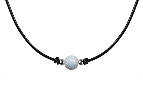 Hochwertiger runder Weißer Opal 8 mm mit Ziegenleder Damen-Kette und mit 925 Sterling Silber Kugeln und Verschluss (45) von Edellis