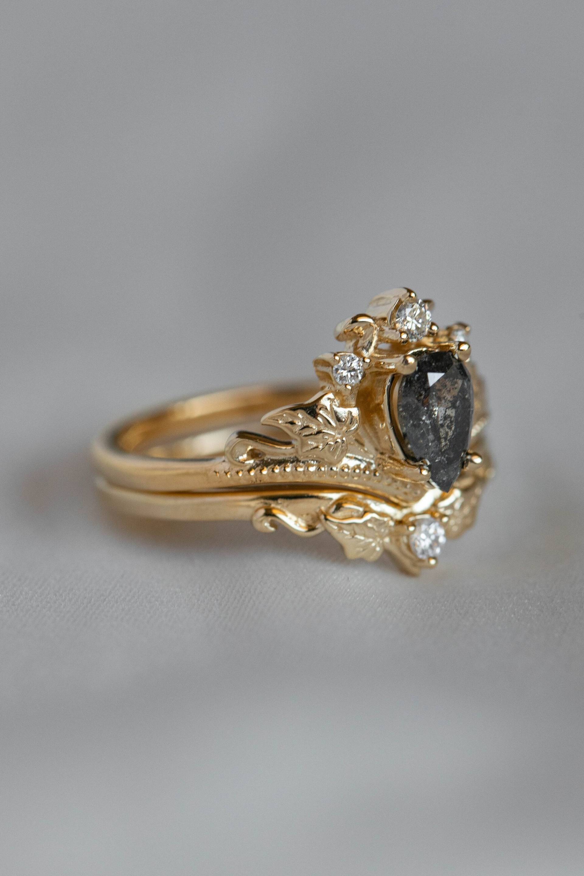 Echter Salz Und Pfeffer Diamant Verlobungsring Set, Gold Efeu Blätter Braut Ring 14K Oder 18K Natur Inspirierte Ringe von EdenGardenJewelry