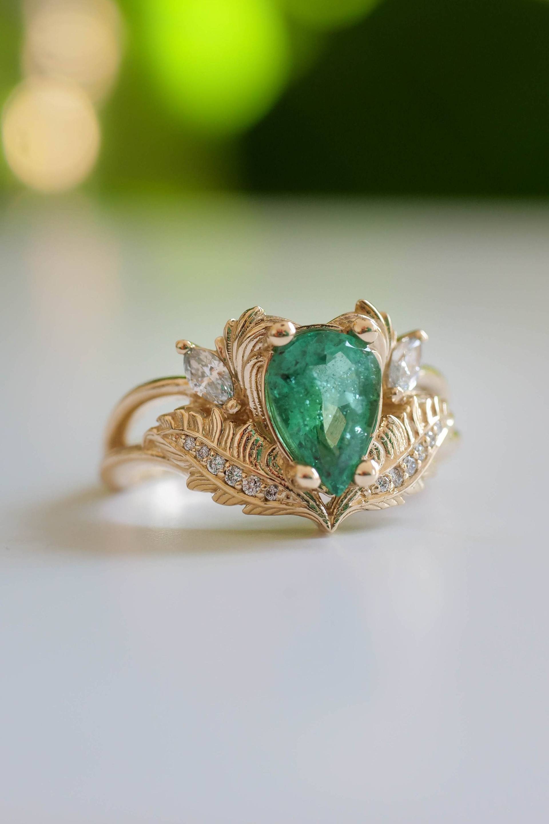 Elfen Waldgrün Smaragd Ring Mit Natürlichen Oder Moissanite Diamanten, Einzigartiger Blatt 14K 18K Gold, Natur Inspiriert Versprechen Für Sie von EdenGardenJewelry