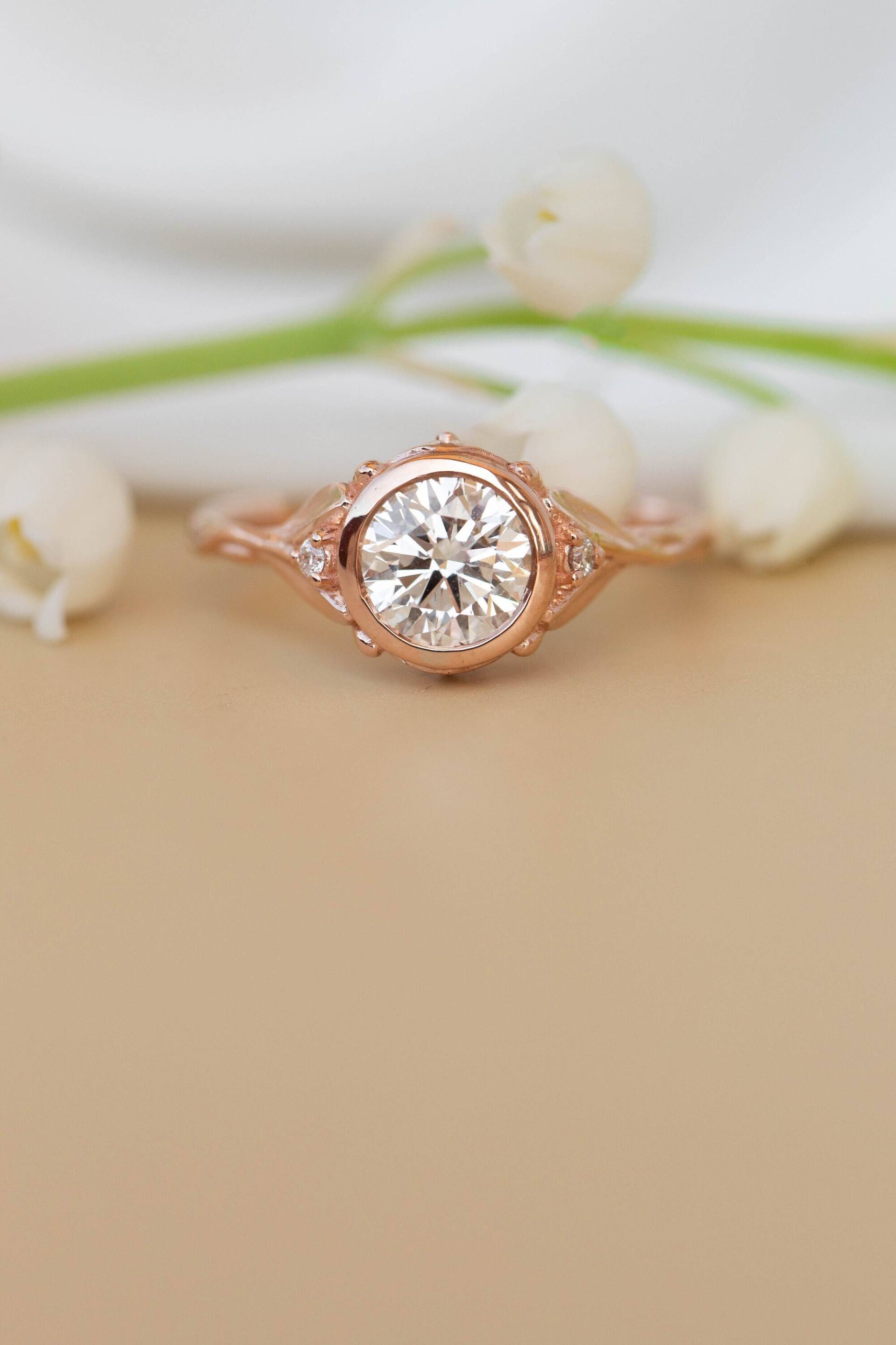 Lab Grown Diamant Verlobungsring Mit Blättern, Natur Inspirierter Ring Für Braut, Rose Gold Vorschlag 14K Oder 18K Gold, Jugendstil von EdenGardenJewelry